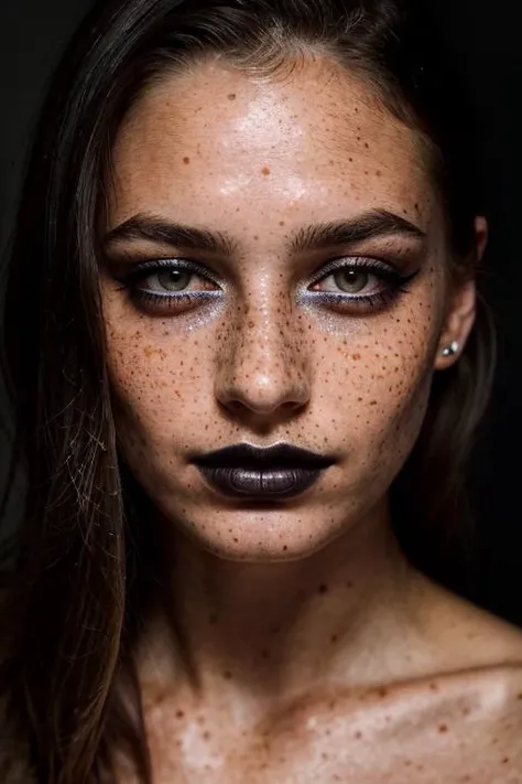 (aesthetic:1.2) Hyperdetailed, soft-lit (dramatic:0.9) head and shoulders portrait of a stunning (beautiful:1.1) lady. Her face adorned with (freckles:1.2) that effortlessly blend into her flawless skin. She wears mysterious (dark makeup:1.3) that accentuates her eyes (artistic:1.2). The expertly captured photograph showcases intricate details, inviting the viewer to delve deeper into her captivating beauty. Ideal for a striking (cover:1.1) image.