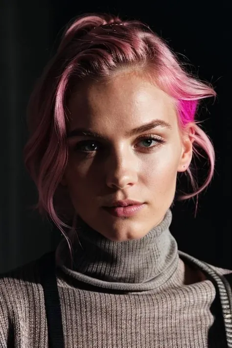 pink hair, 1girl, wearing a turtleneck sweater, professional, photography, excellent lighting, impeccable, precision, rich colors, deep shadows, clarity, high-resolution, razor-sharp, composition, light and shadow, timeless beauty, captivated, artistry, craftsmanship, elegance, sophistication, exquisite, details, atmosphere, balance, masterful, technique, expertly captured, stunning, visual impact, top-quality, compelling, professional-grade, aesthetics, flawless, remarkable, perfection, attention, dynamic, evocative, nuanced, depth, vibrancy, masterclass, breathtaking, awe-inspiring, high-definition, alluring, enchanting, texture, storytelling, mesmerizing, cinematic, elite, artistry.