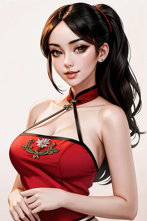 1girl,upper body,fashi-girl,china dress,chinese clothes,hair flower,(masterpiece:1.4),(best quality:1.4),(shiny skin),red lips,looking at viewer,large breasts,parted lips