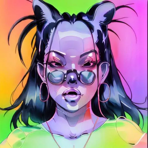 Watercolor painting of a  catgirl, full body shot, Black hair,neon, futuristic, vape, sitting, masterpiece, best quality, shallow depth of field, bokeh