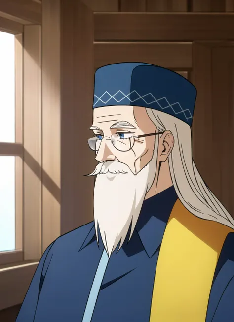 mashle <lora:mashle_offset:1.1>, masterpiece, best quality, 1boy, male focus, glasses, facial hair, beard, hat, old, solo, old man, long hair, white hair, mustache, blue eyes, blue headwear, indoors