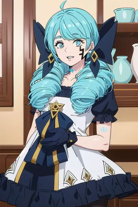 <lora:mashle_offset:1>,mashle,(face mark:1.5), best quality, highly detailed, masterpiece, ultra-detailed, highres, 1girl, blue eyes, red eyes, gwen (League of legends), black bow, black gloves, black legwear, (blue hair:1.7), bow, collarbone, dress, drill hair, frilled dress, frills, gloves, hair ornament, league of legends, long hair, parted lips, puffy sleeves, pink pupils, smile, solo, white dress, x, x hair ornament, <lora:gwen-000037:1>