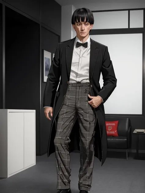 <lora:Second Doctor (Animated Sources):0.8> whodocsecond, black hair, male focus, bowtie, blunt bangs, white shirt, 50 year old man, full body, plaid pants, black frock coat