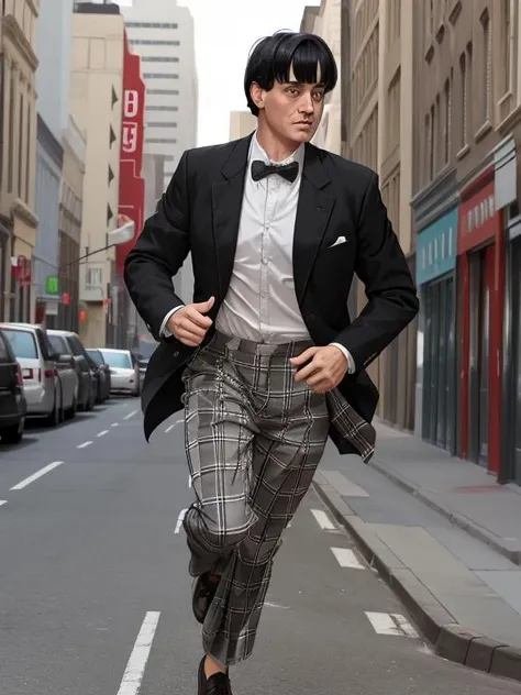 <lora:Second Doctor (Animated Sources):0.8> whodocsecond, black hair, male focus, bowtie, blunt bangs, white shirt, 50 year old man, full body, plaid pants, running in a city street, frock coat