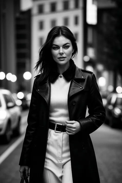 beautiful woman (EPS3r1d4Sw4n:.99): perfect hair, half updo, (black coat with white shirt:1.2), ominous, beautiful, hyperrealistic, by greg rutkowski, yoshitaka amano, ilya kuvshinov, Retina display, (monochrome:1.2), (black and white:1.3),  (b&w), Canon50 ((detailed eyes)), (([dark|heavy|subtle]eyeliner, long lashes)), (epicPhoto), long eyelashes, (perfect waist)