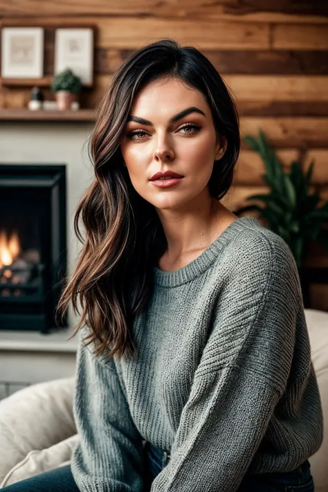 photo of (EPS3r1d4Sw4n:0.99), closeup portrait, perfect hair, (modern photo, Sweater), 24mm, (analog, cinematic, film grain:1.3), ((fireplace, cabin, gradient:1.1)), ((detailed eyes)), ((eyeliner, long lashes)), (epicPhoto), long eyelashes, (perfect waist), (painted lips)