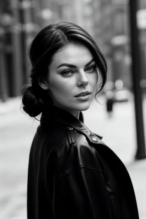 beautiful woman (EPS3r1d4Sw4n:.99): perfect hair, half updo, (black coat with white shirt:1.2), ominous, beautiful, hyperrealistic, by greg rutkowski, yoshitaka amano, ilya kuvshinov, Retina display, (monochrome:1.2), (black and white:1.3),  (b&w), Canon50 ((detailed eyes)), (([dark|heavy|subtle]eyeliner, long lashes)), (epicPhoto), long eyelashes, (perfect waist)