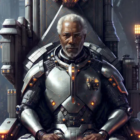 (closeup:1.5) portrait of the most beautiful artwork in the world, black sks man with futuristic royal outfit, in futuristic throne hall, mechwarrior suit, battlemech, <lora:lovecraftstyle-000007:0.7>, by Artgerm and Greg Rutkowski, <lyco:morganFreeman_v10:0.9>