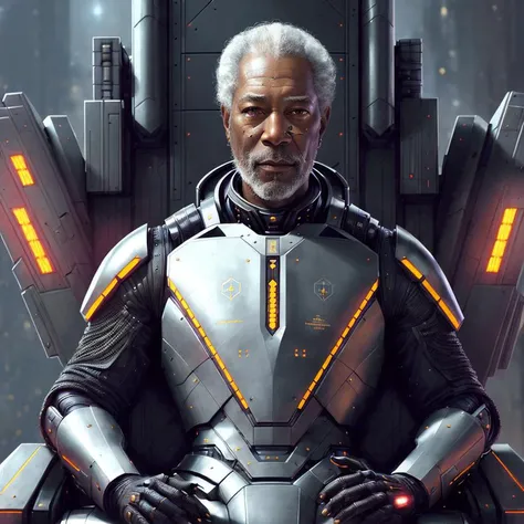 (closeup:1.5) portrait of the most beautiful artwork in the world, black sks man with futuristic royal outfit, in futuristic throne hall, mechwarrior suit, battlemech, <lora:lovecraftstyle-000007:0.4>, by Artgerm and Greg Rutkowski, <lyco:morganFreeman_v10:1>