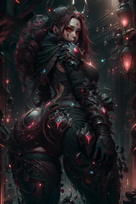 best quality,4k,8k,highres,masterpiece:1.2,ultra-detailed,realistic:1.37,HDR,UHD,studio lighting,ultra-fine painting,sharp focus,physically-based rendering,extreme detail description,professional, dark fantasy, dramatic lighting, full body shot, from the back, facing away, wide angle, back view,dynamic angle,dynamic pose, deep shadows, a vampiric goddess, extremely detailed skin, perfect wavy hair, (A vampire goddess, she is using her supernatural powers to telekinetically manipulate blood, making the blood float around her), hemokinesis, (there are lots of blood strings floating around the environment), she is wearing a very intricate biological exoskeleton, (the goddess's lower body is vanishing, becoming black mist), the scene unfolds in a dungeon dimly illuminated by a red glow, red energy lines, earthen and olive hues, mystical energy, moody atmosphere, cinematic composition, Yoshitaka Amano style,greg rutkowski,cyborg style