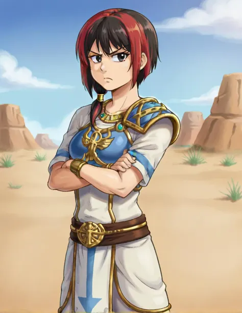 source_anime,1girl,solo,multicolored hair,jhoirawl, <lora:JhoiraPonyWL:0.75>,armor,jewelry,hair over shoulder,standing,crossed arms,serious,in desert,outdoors,short sleeves