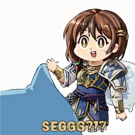 Seggs, chibi, open mouth, smile, english text, <lora:Seggs_XLPD:1.1>,1girl, <lora:JhoiraPonyWL:1>,jhoirawl,multicolored hair,red and brown hair,jewelry,armor,hair over shoulder