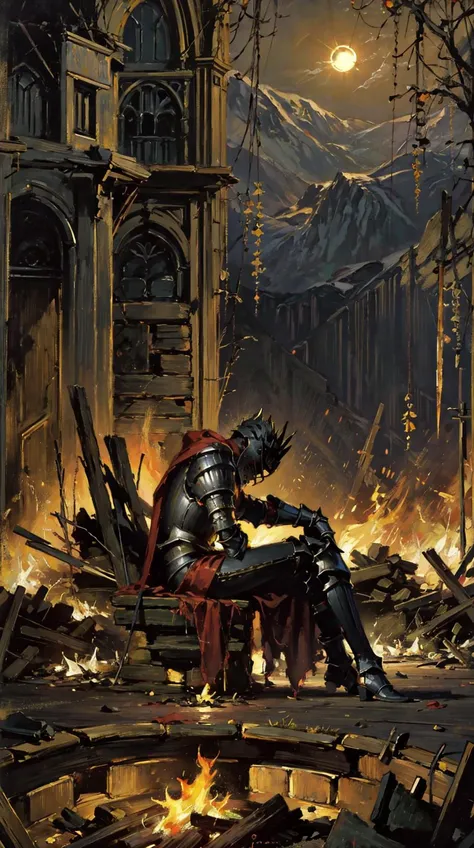 HELM,KNIGHT,SOUL_OF_CINDER,
ane_to_boin,armor,flambe,ashermes,(rubble_ruins:0.8),(ruin:0.8),(wood:0.8),(brick:0.8),(solar_eclipse:1.1),(sitting by the campfire:1.1),<lora:Soul_of_Cinder:0.8>,<lora:classic_oil_painting:0.4>,dusk,solo,be completely exhausted,, (style of Jon Foster:0.2),(style of Alex Russell Flint:0.2),(style of Bob Eggleton:0.2),(style of Pino Daeni:0.2),BREAK (oil painting:1.2),(oil painting style),illustration,Fantasy Art,mystique,visual impact,incredible details