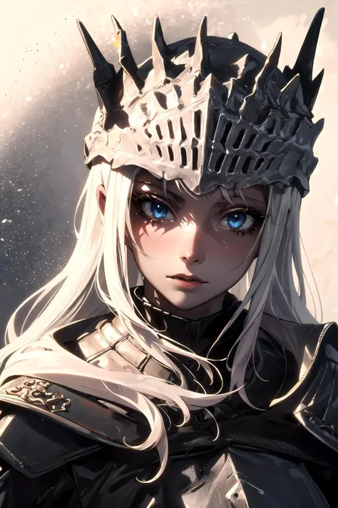 1girl, long white hair, blue eyes, upper body,knight, detailed face, skinny, ashes, black sun, <lora:Soul_of_Cinder:0.8>,