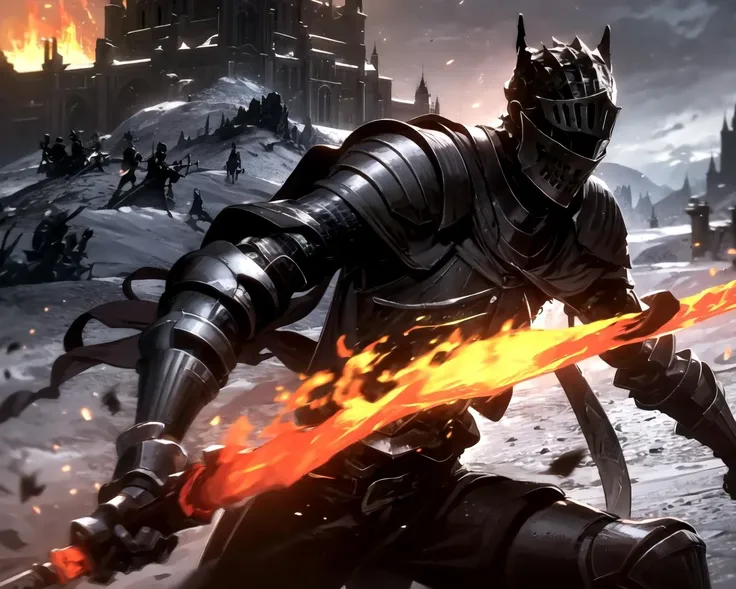 action-packed, knight, holding fire greatsword, castle,ice, skinny, ashes, <lora:Soul_of_Cinder:0.8>,