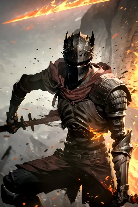 detailed, action-packed, fire sword,  helm, skinny, ashes, <lora:Soul_of_Cinder:0.8>,