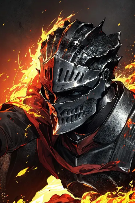 masterpiece:1.2, best quality, absurdres, fire, dark, action shot, knight, holding sword, centered, portrait, in the style of Kentaro Miura, <lora:Soul_of_Cinder:0.8>
