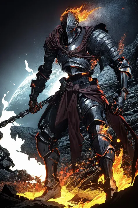masterpiece:1.2, best quality, absurdres, fire, dark, action shot, knight, blue magical effects, blue orbs, centered, full body, in the style of Kentaro Miura, standing <lora:Soul_of_Cinder:0.8>