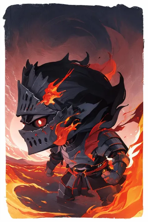 masterpiece:1.2, best quality, dark, solar eclipse, fire, action shot, knight, standing, centered, portrait, front view, in the style of Kentaro Miura, <lora:Soul_of_Cinder:0.8>, border, chibi <lyco:style_onmyoji-20:1.0>