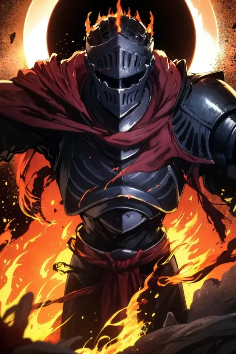masterpiece:1.2, best quality, dark, solar eclipse, fire, action shot, knight, standing, centered, portrait, front view, in the style of Kentaro Miura, <lora:Soul_of_Cinder:0.8>,