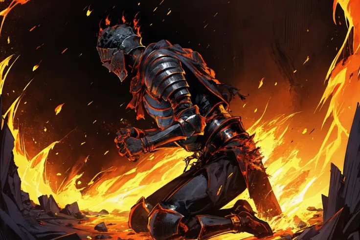 masterpiece:1.2, best quality, dark, fire, action shot, knight, kneeling, centered, portrait, side view, in the style of Kentaro Miura, standing <lora:Soul_of_Cinder:0.8>, <lora:FEH_Concept_v2:1.0>