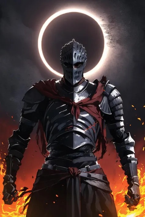 masterpiece:1.2, best quality, dark, solar eclipse, fire, action shot, knight, standing, centered, portrait, front view, in the style of  Kentaro Miura, <lora:Soul_of_Cinder:0.8>,