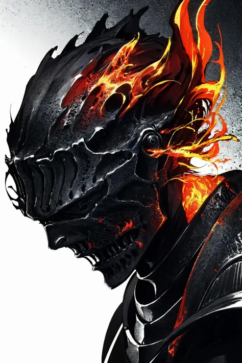 masterpiece:1.2, best quality, absurdres, fire, dark, action shot, knight, holding sword, centered, portrait, in the style of Kentaro Miura, <lora:Soul_of_Cinder:0.8>