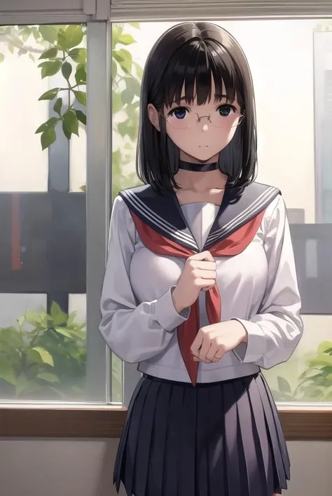 chinatsu, <lora:chinatsu-lora-nochekaiser:1>,
chinatsu, black hair, glasses, mole, (black eyes:1.5), mole under mouth, rimless eyewear, medium hair,
BREAK long sleeves, school uniform, serafuku, choker, black choker, skirt, pleated skirt,
BREAK indoors, classroom,
BREAK looking at viewer, (cowboy shot:1.5),
BREAK <lyco:GoodHands-beta2:1>, (masterpiece:1.2), best quality, high resolution, unity 8k wallpaper, (illustration:0.8), (beautiful detailed eyes:1.6), extremely detailed face, perfect lighting, extremely detailed CG, (perfect hands, perfect anatomy),