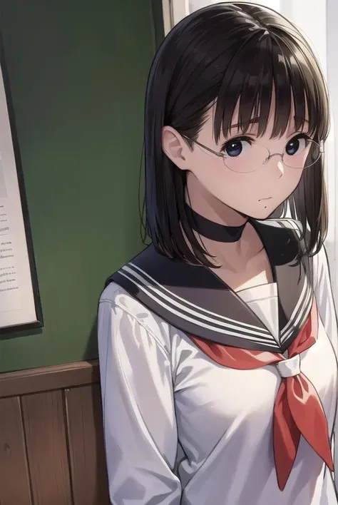 chinatsu, <lora:chinatsu-lora-nochekaiser:1>,
chinatsu, black hair, glasses, mole, (black eyes:1.5), mole under mouth, rimless eyewear, medium hair,
BREAK long sleeves, school uniform, serafuku, choker, black choker, skirt, pleated skirt,
BREAK indoors, classroom,
BREAK looking at viewer, (cowboy shot:1.5),
BREAK <lyco:GoodHands-beta2:1>, (masterpiece:1.2), best quality, high resolution, unity 8k wallpaper, (illustration:0.8), (beautiful detailed eyes:1.6), extremely detailed face, perfect lighting, extremely detailed CG, (perfect hands, perfect anatomy),