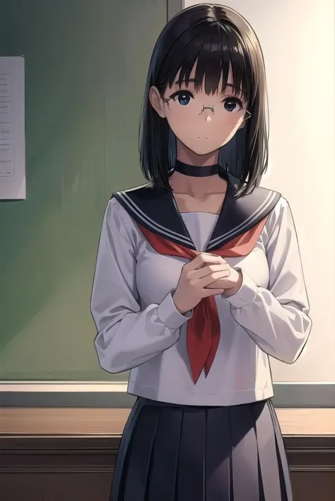 chinatsu, <lora:chinatsu-lora-nochekaiser:1>,
chinatsu, black hair, glasses, mole, (black eyes:1.5), mole under mouth, rimless eyewear, medium hair,
BREAK long sleeves, school uniform, serafuku, choker, black choker, skirt, pleated skirt,
BREAK indoors, classroom,
BREAK looking at viewer, (cowboy shot:1.5),
BREAK <lyco:GoodHands-beta2:1>, (masterpiece:1.2), best quality, high resolution, unity 8k wallpaper, (illustration:0.8), (beautiful detailed eyes:1.6), extremely detailed face, perfect lighting, extremely detailed CG, (perfect hands, perfect anatomy),