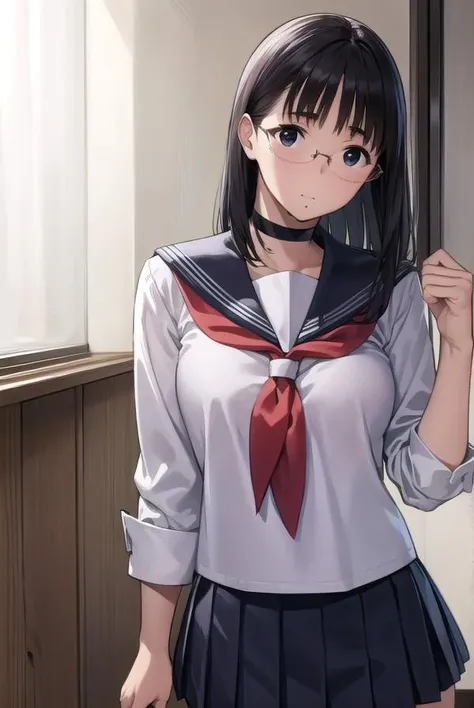Highest quality、High resolution、Detailed Background、Realistic、Realistic、RAW Photos、Beautiful face in every detail、Highly detailed face、Detailed red eyes、Japan beautiful teenage girls、Perfect body line、Huge breasts、Black Hair、ponytail、Bobcut、Long Hair、Wavy Hairstyle、well-groomed eyebrows、Cute Lip Makeup、Calm atmosphere、A short-sleeved, shiny, dark-colored sailor suit、White sailor collar、Navy blue pleated skirt、Red ribbon、White Stockings、Standing by the window of a classroom、He looked at me with a happy expression.、Cute gestures、so beautiful