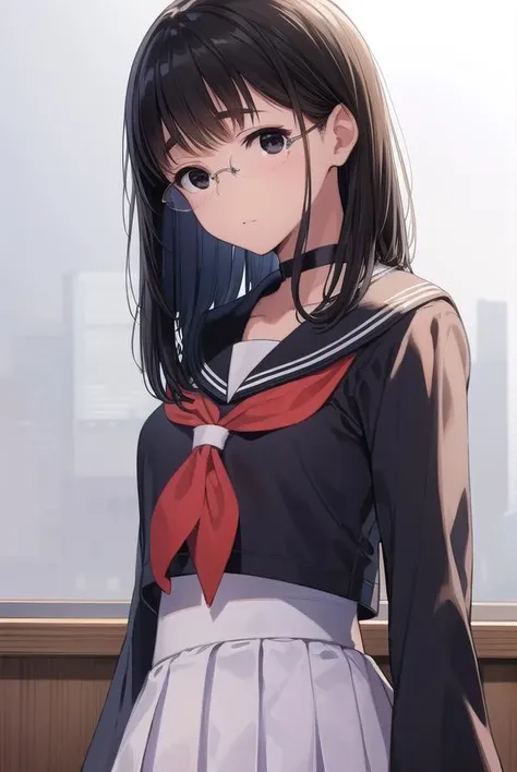 chinatsu, <lora:chinatsu-lora-nochekaiser:1>,
chinatsu, black hair, glasses, mole, (black eyes:1.5), mole under mouth, rimless eyewear, medium hair,
BREAK long sleeves, school uniform, serafuku, choker, black choker, skirt, pleated skirt,
BREAK indoors, classroom,
BREAK looking at viewer, (cowboy shot:1.5),
BREAK <lyco:GoodHands-beta2:1>, (masterpiece:1.2), best quality, high resolution, unity 8k wallpaper, (illustration:0.8), (beautiful detailed eyes:1.6), extremely detailed face, perfect lighting, extremely detailed CG, (perfect hands, perfect anatomy),