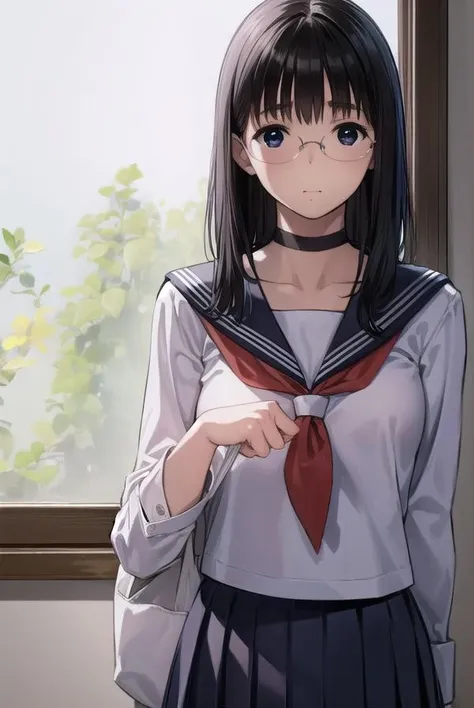 chinatsu, <lora:chinatsu-lora-nochekaiser:1>,
chinatsu, black hair, glasses, mole, (black eyes:1.5), mole under mouth, rimless eyewear, medium hair,
BREAK long sleeves, school uniform, serafuku, choker, black choker, skirt, pleated skirt,
BREAK indoors, classroom,
BREAK looking at viewer, (cowboy shot:1.5),
BREAK <lyco:GoodHands-beta2:1>, (masterpiece:1.2), best quality, high resolution, unity 8k wallpaper, (illustration:0.8), (beautiful detailed eyes:1.6), extremely detailed face, perfect lighting, extremely detailed CG, (perfect hands, perfect anatomy),