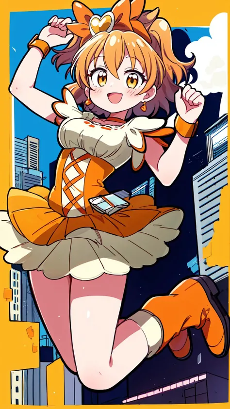 ((masterpiece, high quality, best quality, ultra detailed)), perfect anatomy, anime
((concrete building)), city, Sky-high background, distant view, sky above the town,
1girl, (small breasts:1),
dutch angle, dynamic angle, dynamic pose,
(smile:1.2), cute, (cheerful:1),
looking at viewer, cute pose, Uplifted, model body, model pose,
<lora:lora_cure_pine:1.1> (cure pine:1.15), (precure:0.3), one side up, short hair, hair ribbon, frills, short sleeves, wrist cuffs, orange choker, orange boots, yellow skirt, (side short ponytail:0.5),
(jumping:1.3), (arms up:1.1), (clenched hand:1.5), (natural:1.2),
bent kneel, (inner thigh:1.2), arched back, floating feeling, air_staying
<lora:more_details:0.7>