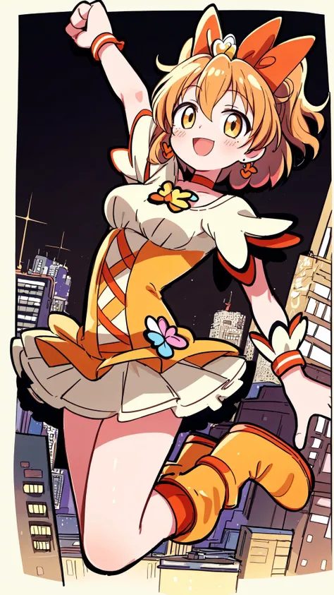 ((masterpiece, high quality, best quality, ultra detailed)), perfect anatomy, anime
((concrete building)), city, Sky-high background, distant view, sky above the town,
1girl, (small breasts:1),
dutch angle, dynamic angle, dynamic pose,
(smile:1.2), cute, (cheerful:1),
looking at viewer, cute pose, Uplifted, model body, model pose,
<lora:lora_cure_pine:1.1> (cure pine:1.15), (precure:0.3), one side up, short hair, hair ribbon, frills, short sleeves, wrist cuffs, orange choker, orange boots, yellow skirt, (side short ponytail:0.5),
(jumping:1.3), (arms up:1.1), (clenched hand:1.5), (natural:1.2),
(inner thigh:1.2), arched back, floating feeling, air_staying
<lora:more_details:0.7>
