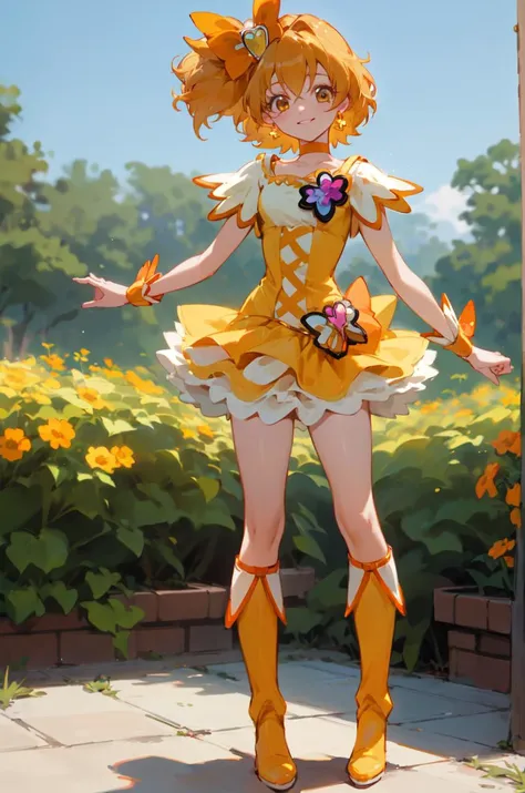 masterpiece, best quality, 1girl, solo,
Cure Pine \(Fresh Pretty Cure\), Fresh Pretty Cure,
full body, standing, looking at viewer, light smile,
yellow dress, frill, short sleeves, wrist cuffs, orange choker, orange boots, yellow skirt,
short hair, hair ribbon,
garden,
 <lora:(Fresh) lora_cure_pine:1>