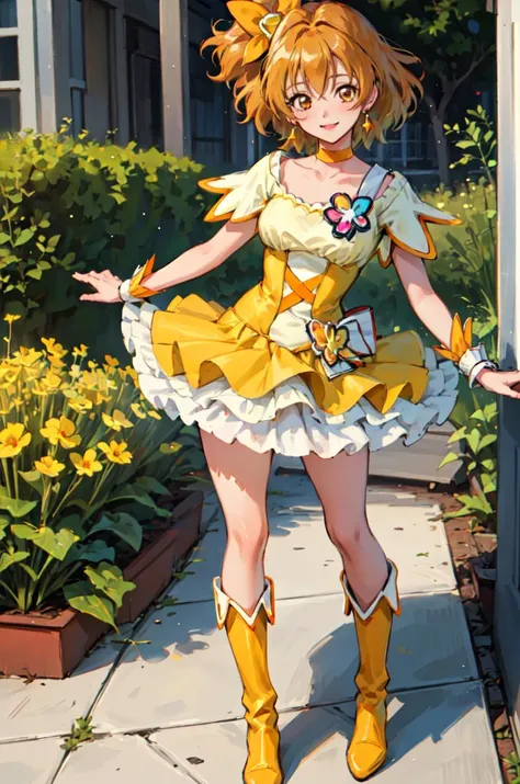 masterpiece, best quality, 1girl, solo,
Cure Pine \(Fresh Pretty Cure\), Fresh Pretty Cure,
full body, standing, looking at viewer, light smile,
yellow dress, frill, short sleeves, wrist cuffs, orange choker, orange boots, yellow skirt,
short hair, hair ribbon,
garden,
<lora:(Fresh) lora_cure_pine:1>