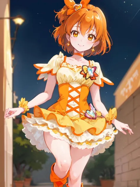masterpiece, best quality, looking at viewer, depth of field, walking, smile,
1girl, <lora:lora_cure_pine:0.9>, cure pine, precure, one side up, short hair, hair ribbon, frills, short sleeves, wrist cuffs, orange choker, orange boots, yellow_skirt,