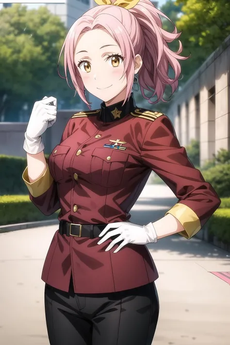 1girl, amber eyes, looking at viewer, smile, pink hair, ponytail, black jacket, gloves, long sleeves, military, military uniform, uniform, white gloves, maria_sarushima,  <lora:add_detail:0.7>