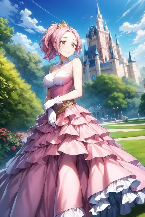 1girl, amber eyes, looking at viewer, smile, pink hair, ponytail, princess gown, gown dress, frills gown, gloves, princess headwear, tiara crown, outdoor garden background, castle background, cloudy, maria_sarushima, <lora:add_detail:0.7>