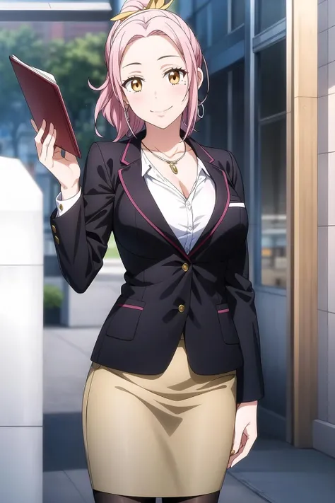 1girl, amber eyes, looking at viewer, smile, pink hair, ponytail, formal, jacket, jewelry, large breasts, mole, necklace, pantyhose, pencil skirt, skirt, suit maria_sarushima, <lora:add_detail:0.7>