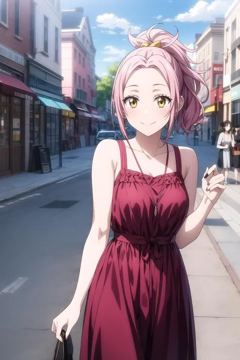 1girl, amber eyes, looking at viewer, smile, pink hair, ponytail, casual dress, town, city, day, cloudy, maria_sarushima,  <lora:add_detail:0.7>