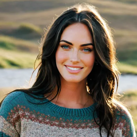 a photo of a young megan fox, ohwx woman standing, wearing a sweater, smile, detailed skin, cinematic <lora:meganfox_SDXL:0.75>