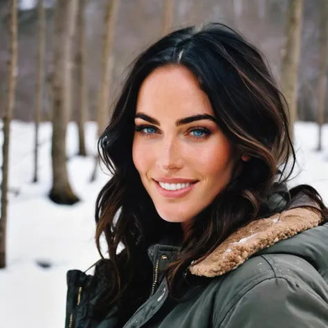 a photo of a young Megan Fox, ohwx woman standing on a snowy, wearing a jacket, smile, detailed skin, cinematic <lora:meganfox_SDXL:0.75>