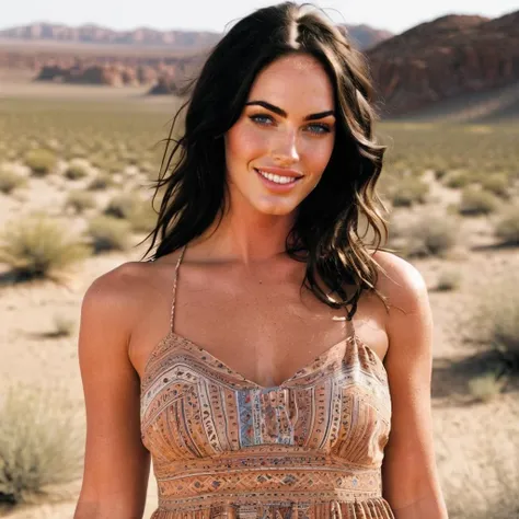 a photo of a young Megan Fox, ohwx woman standing in a desert, wearing a sun dress, smile, detailed skin, cinematic <lora:meganfox_SDXL:0.75>