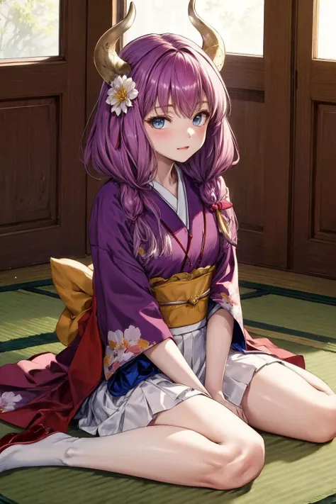 2D, masterpiece, highest quality, anime, very detailed, 1 girl, alone, cowboy shot, nakano nino, pink hair, butterfly hair ornament, kimono, purple kimono, medium breasts, smile, east asian architecture