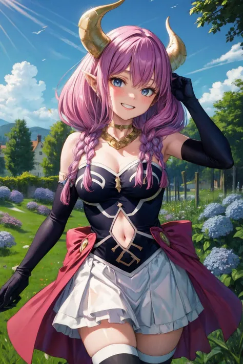 (masterpiece), best quality, (((ultra detailed, 8k quality))), expressive eyes, perfect face, perfect anatomy, perfect body, scene, <lora:scene_:0.7>, <lora:more_details:0.7>, <lora:beautiful_detailed_eyes:0.5>, <lora:GoodHands-beta2:0.7>, <lora:give_it_a_name:0.7>, aaaura, braid, twin braids, horns, blue eyes, choker, <lora:aura_(sousou_no_frieren)_v1:0.8>,
aaaura, braid, twin braids, horns, blue eyes, choker, necklace, strapless dress, elbow gloves, black gloves, navel cutout, white skirt, black thighhighs, (skirt lift:1.2),(marvelous smile :1.2),outdoors,garden, black panties