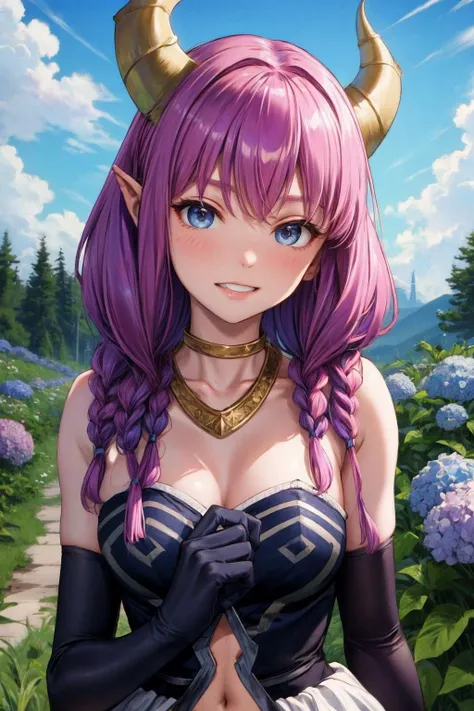 masterpiece, best quality, highres, aaaura, braid, twin braids, horns, blue eyes, choker, <lora:aura_(sousou_no_frieren)_v1:0.7>,
, necklace, strapless dress, elbow gloves, black gloves, navel cutout, white skirt, black thighhighs, close portrait, grin, peeking out upper body <lora:peeking_out_upper_body_pruned:1.4> leaves, flowers