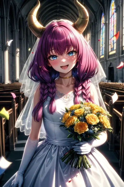 (masterpiece), best quality, (((ultra detailed, 8k quality))), expressive eyes, perfect face, perfect anatomy, perfect body, scene, <lora:scene_:0.7>, <lora:more_details:0.7>, <lora:beautiful_detailed_eyes:0.5>, <lora:GoodHands-beta2:0.7>, <lora:give_it_a_name:0.7>, aaaura, braid, twin braids, horns, blue eyes, choker, <lora:aura_(sousou_no_frieren)_v1:0.8>,
indoors, church, stained glass, whie veil, laced gloves, upperbody, close portrait church, holding bouquet, (confetti:1.1), smile, open mouth, white dress, wedding dress, church, holding bouquet, (confetti:1.1)
