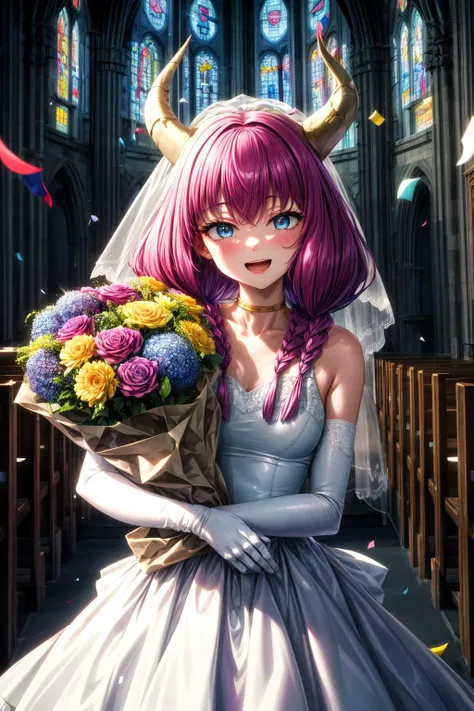 (masterpiece), best quality, (((ultra detailed, 8k quality))), expressive eyes, perfect face, perfect anatomy, perfect body, scene, <lora:scene_:0.7>, <lora:more_details:0.7>, <lora:beautiful_detailed_eyes:0.5>, <lora:GoodHands-beta2:0.7>, <lora:give_it_a_name:0.7>, aaaura, braid, twin braids, horns, blue eyes, choker, <lora:aura_(sousou_no_frieren)_v1:0.8>,
indoors, church, stained glass, whie veil, laced gloves, upperbody, close portraitn church, holding bouquet, (confetti:1.1), smile, open mouth, white dress, wedding dress, church, holding bouquet, (confetti:1.1)